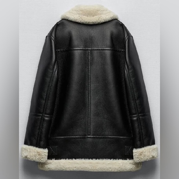 955. 🛑AT COST LAST 1! Black aviator moto jacket faux leather faux fur black coat - Picture 6 of 12